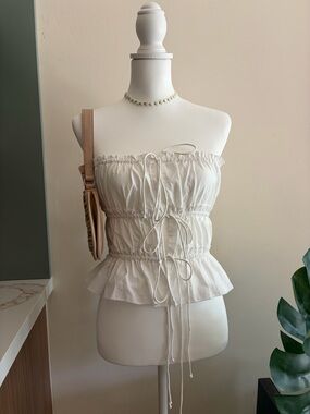 Ruffled Strapless Tie-Front Top - White
